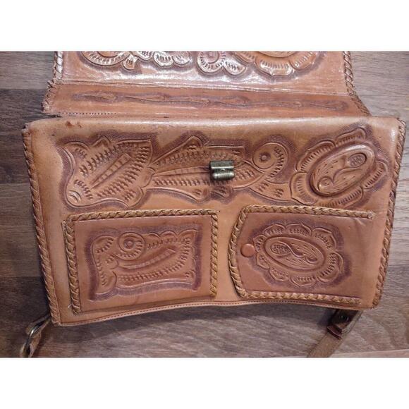 Vintage Large Leather Hand Tooled Brown Shoulder Bag Purse Tri fold Organizer - Picture 11 of 16